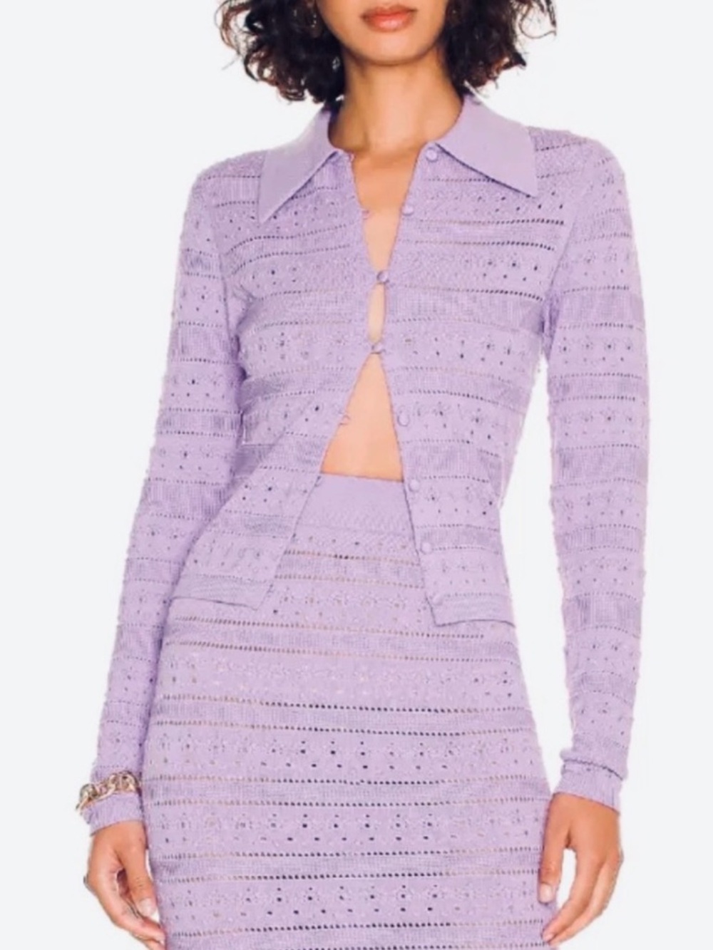 NWT Torn by Ronny Kobo Lilac Knit Collared Cardigan and Skirt Set